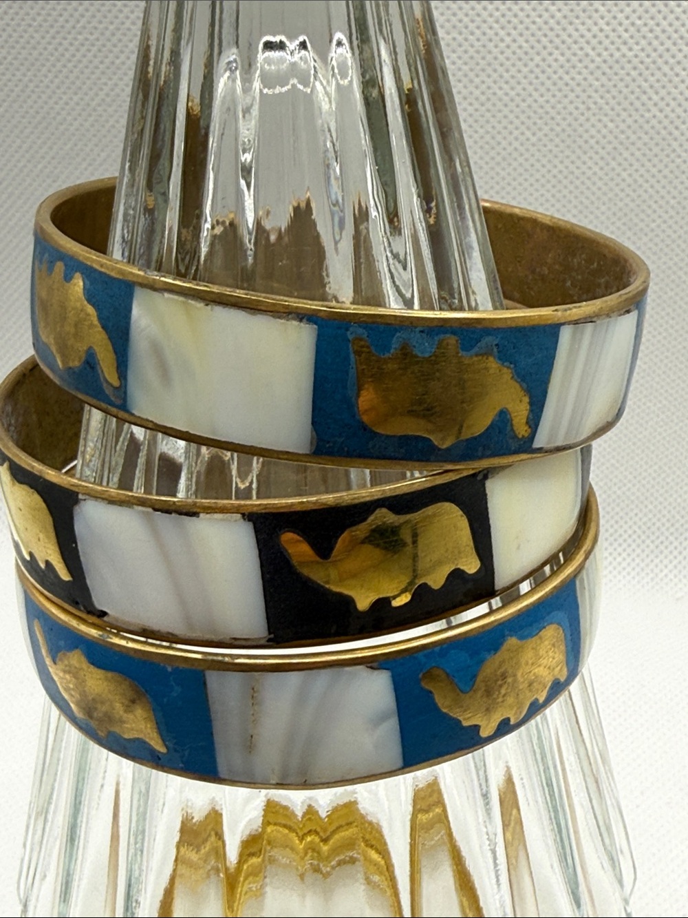 Vintage trip Gold tone Elephant Accent Bangle bracelet Blue, Black & White Inlay
